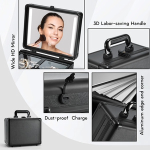 Travel <b>Makeup</b> Train <b>Case</b> with LED Lighted Mirror Large Portable Cosmetic Artist Organizer Box with 2 Trays Adjustable Dividers - Product Image 5