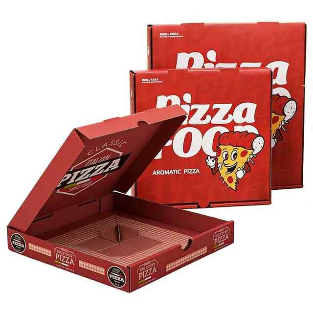 Custom Red Printed Corrugated Pizza Boxes Cartoon Design Food Grade Takeout Pizza Delivery Box for Restaurant Pizzeria Packaging