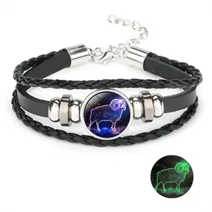 Hot Sale Dazzling Luminous 12 Horoscopes Adjustable Leather Bracelet For Men Women Fashionable Ornaments G191
