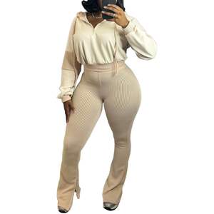 Ensemble pull 2 pièces personnalisé pour femme 2026 – Haut court à manches longues et pantalon moulant en maille, tenue décontractée respirante d'épaisseur standard - Product Image 2