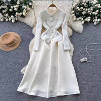 Robe noire vintage de style Hepburn en satin de polyester avec empiècements, col rond, pour femme, automne/hiver, cintrée à la taille, qui flattere la silhouette