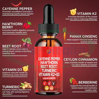 OEM 60ml Poivre de Cayenne Aubépine Vitamine D3 K2 Halal Biologique Betterave Racine Curcuma Curcumine Supplément Liquide Gouttes de Poivre de Cayenne