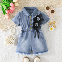 Combinaison en jean décontractée pour filles 2026, à manches courtes, col à revers, taille ornée de perles et de fleurs, en tissu peigné imprimé