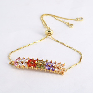 BC1273 braccialetto di cristallo con foglia di zircone colorato placcato oro moda, braccialetto con ciondoli <span class=keywords><strong>arcobaleno</strong></span> Tennis Baguette Bar CZ per gioielli - Product Image 3