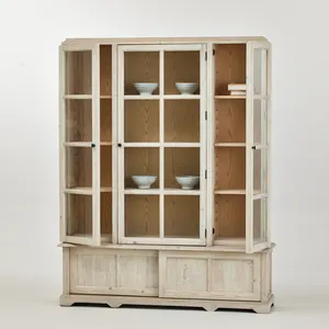 Recycled Pine Glass Display Storage Cabinet Wood Living Room Furniture for Kitchen Dining Room and Hall Storage Solution