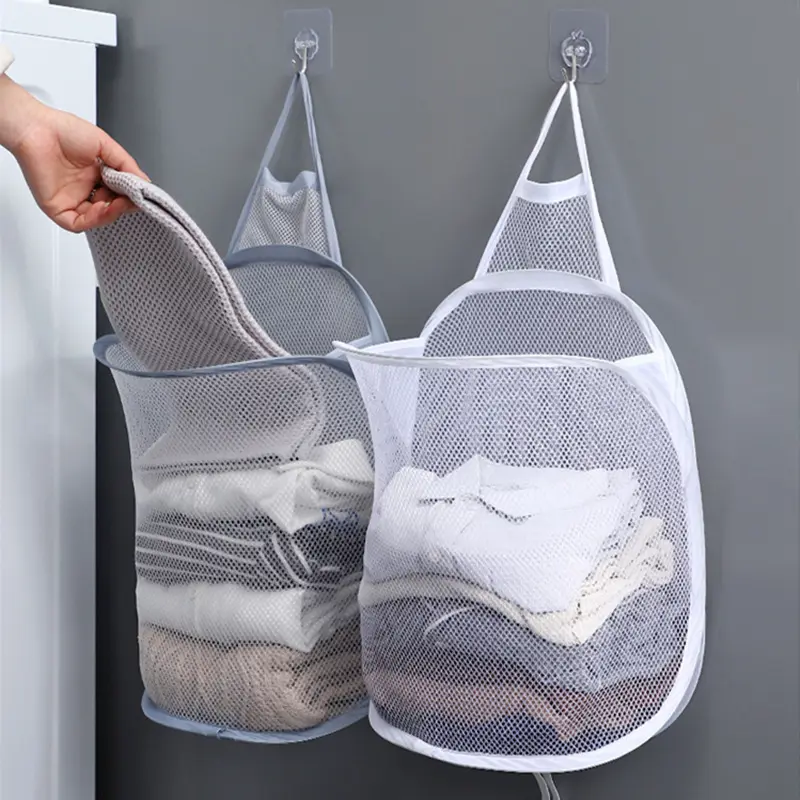 Almacenamiento de ropa sucia plegable de malla, bolsa colgante de ropa de baño, cesta montada en la pared para el hogar con asa