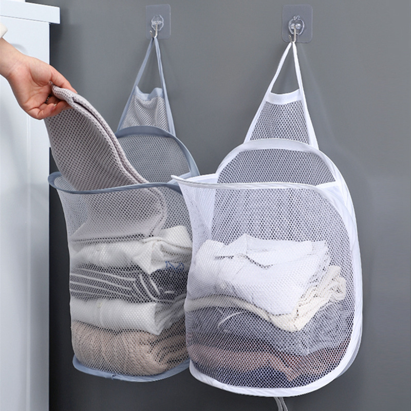 Almacenamiento de ropa sucia plegable de malla, bolsa colgante de ropa de baño, cesta montada en la pared para el hogar con asa