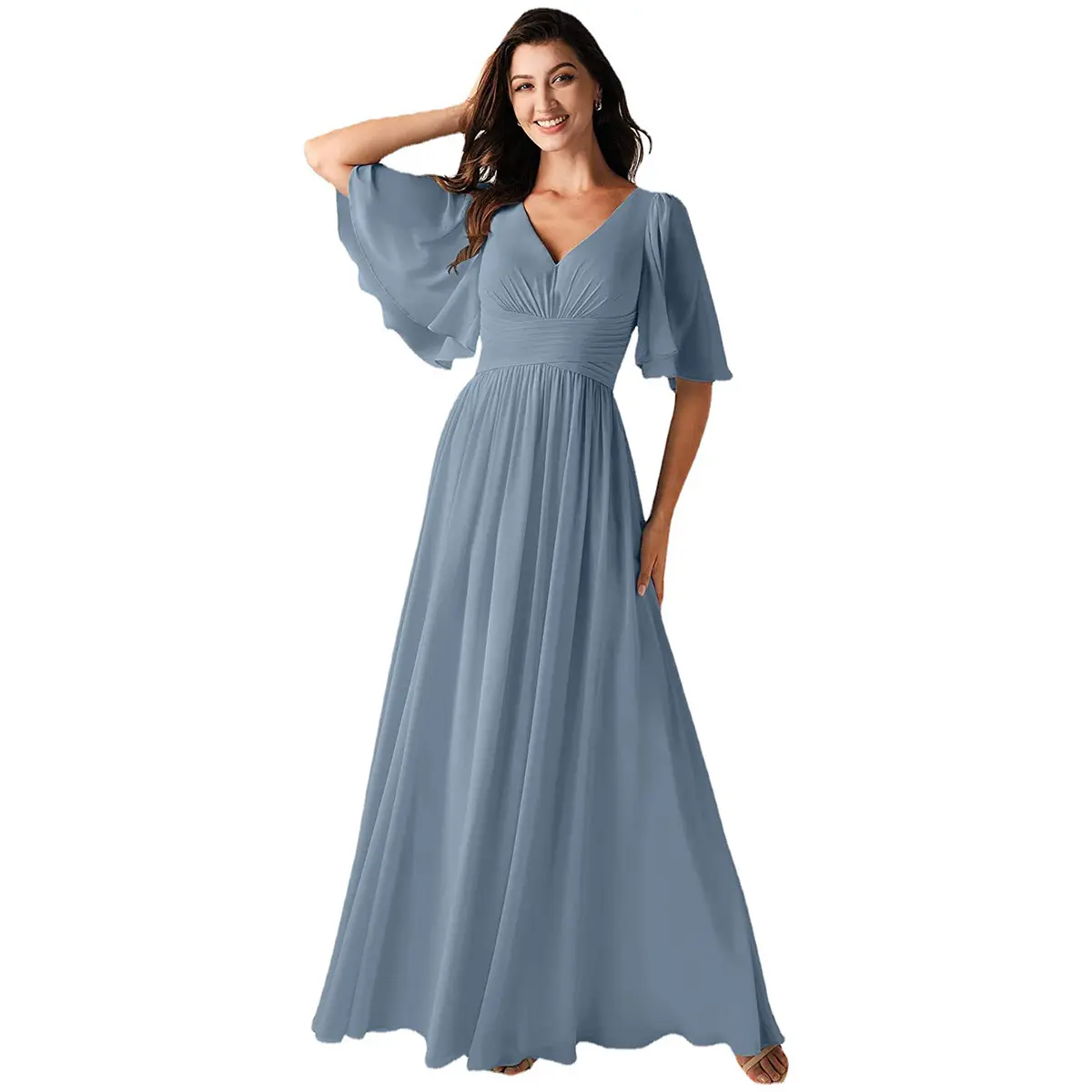 2023 Ebay Apparel Design Services Latest High Royal Blue Evening Gown Grade Chiffon V-neck Bridesmaids Prom dresses skyblue