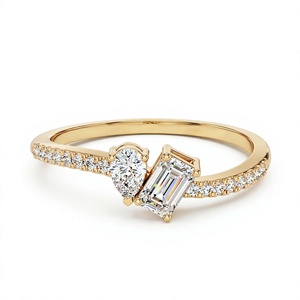 Romantic 18K 14K Gold Plated Pear Cut and <b>Emerald</b> Cut Lab Grown Diamonds Engagement <b>Ring</b> with Round Diamond <b>Band</b> <b>Ring</b> For Women - Product Image 1