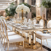 Table à manger moderne en acier inoxydable doré et verre trempé, durable, de marque Dreamlike, pour hôtel, fête, mariage, banquet en plein air, événements