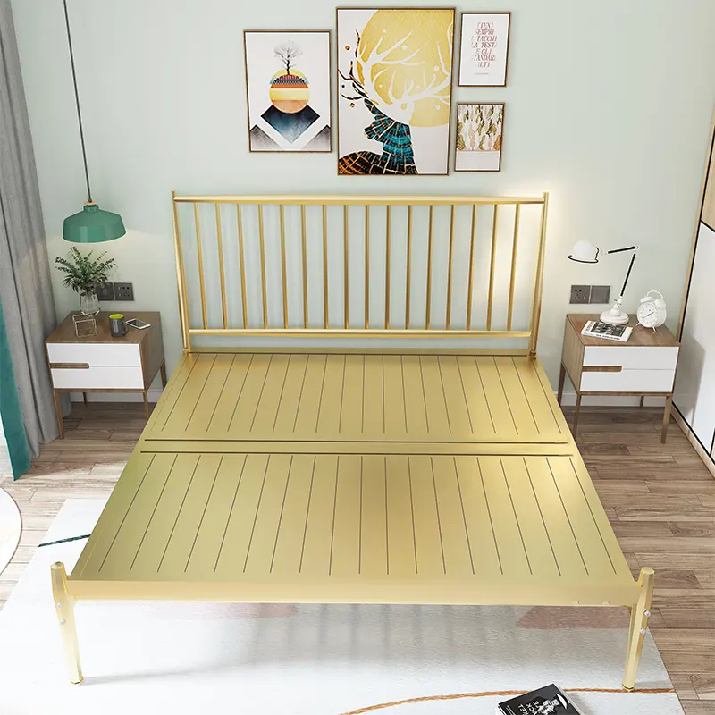 Modern Design Golden Metal King Size Storage Bed Luxury Upholstered Fabric Bed Frame