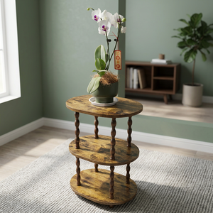 Étagère de rangement ovale en bois à 3 niveaux, table d'appoint de style rustique pour salon, support pour pot de fleurs - Product Image 3