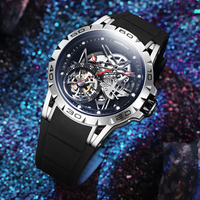 Montre mécanique automatique HANBOROM pour homme avec volant à inertie, aiguilles lumineuses, cadran ajouré de 24 mm, étanche, verre minéral, bracelet en caoutchouc