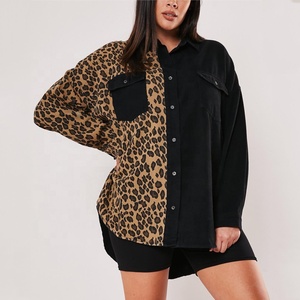 <span class=keywords><strong>Chemise</strong></span> en jean noire à la mode pour femmes de <span class=keywords><strong>grande</strong></span> <span class=keywords><strong>taille</strong></span> Fat Big Ladies Block Color <span class=keywords><strong>Chemise</strong></span> en jean 100% coton à imprimé léopard - Product Image 1