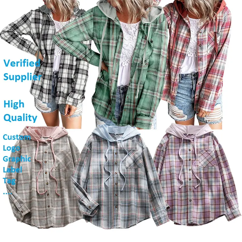 Fall Ladies' Casual Blouses & Tops Elegant Long Sleeves Cotton Polyester Flannel Plaid Shirt Plus Size Women'S Blouses & Shirts