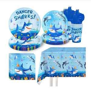 Assiettes et gobelets en papier jetables personnalisés sur le thème des requins colorés pour les anniversaires d'enfants, fournitures de fête en gros - Product Image 3