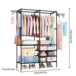 Double Rod Clothes Rack with <strong>6</strong> Storage Shelves Durable Steel <strong>Pipe</strong> Garment Rack Clothing Rack with 2 Extended Pendant <strong>Hooks</strong> for E - Product Image 2