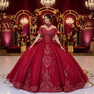 Xs306 Modern Gorgeous Burgundy Quinceanera Ball Gown Sweetheart Beaded Sequin Glitter <b>Tulle</b> Chapel Train Floor-Length Dress for - Product Image 1
