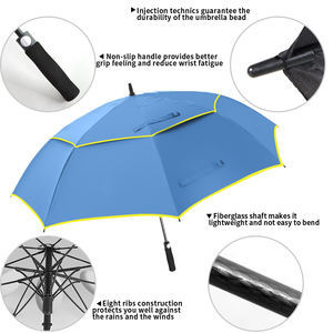Parapluie de golf automatique coupe-vent avec tissu bleu personnalisé avec bordure sur le bord et trou d'aération sur la couche extérieure - Product Image 5