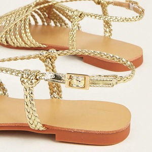 Gold Woven Strappy <b>Heeled</b> Sandals Women <b>Open</b> <b>Toe</b> Backless Slides With Braided Detail For Beach Party Summer Wear - Product Image 4