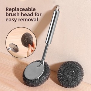 Brosse à récurer les casseroles en acier inoxydable à long manche, avec embout en silicone pratique pour nettoyer et laver les casseroles Hometeel Wire Ball - Product Image 4