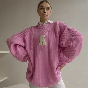 가을 자수 편지 캐주얼 스웨터 와플 니트 특대 긴 소매 플러스 사이즈 풀오버 스웨터 여성용