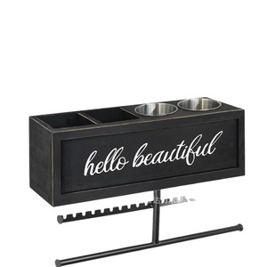 Soporte de pared de madera para secador de pelo con barra para toallas y ganchos para organización de cuidado personal en el baño - Product Image 5