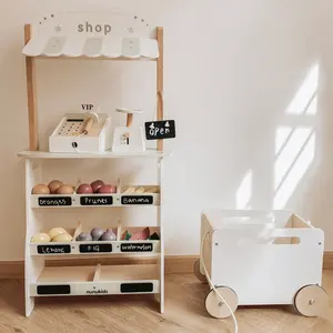 Negozio di alimentari giochi di imitazione giocattoli in legno supporto per frutta per bambini supporto per mercato in stile naturale gioca a set di cibo con registratore di cassa giocattolo - Product Image 1