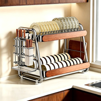 Étagère à vaisselle portable en acier inoxydable de style rétro, nouvelle conception chinoise, non pliable, à double niveau, avec panneaux latéraux en chêne pour le rangement des couteaux/baguettes