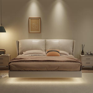 Tête <span class=keywords><strong>de</strong></span> <span class=keywords><strong>lit</strong></span> moderne haut <span class=keywords><strong>de</strong></span> gamme <span class=keywords><strong>de</strong></span> style crème avec revêtement en <span class=keywords><strong>tissu</strong></span> et en cuir, cadre en bois, mousse haute densité pour chambre d'hôtel - Product Image 3