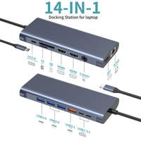 Hub USB-C 14 ports avec double sortie HD 4K60Hz, RJ45 1000Mbps, USB3.2 10Gbps, station d'accueil 14 en 1