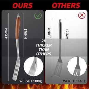 Ensemble d'outils de barbecue robustes en bois de rose, spatule, fourchette et pinces multifonctions en acier inoxydable épais pour barbecue et grillades - Product Image 4