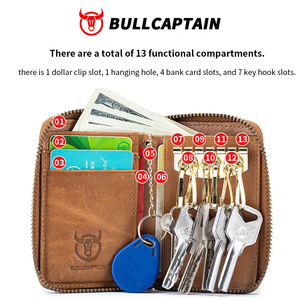 Cartera BULLCAPTAIN RFID para Hombre, de Cuero Marrón Retro, con Ranuras para Tarjetas, Cierre de Cremallera, Mini Porta Tarjetas, Llavero, de Cuero Genuino - Product Image 3