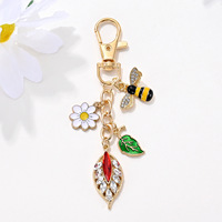 Porte-clés Mignon en Émail Abeille Fleur, Pendentif Feuille Strass, Fermoir Mousqueton Cœur, Breloque de Sac Perlée, Ornement Floral Printanier pour Sac à Main