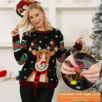 Pull de Noël moche lumineux à LED pour femmes 2024 Flocon de neige Renard Pull de Noël avec ampoules intégrées Pull en tricot