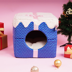 Caja de Regalo Navideña, Cama para Gatos, Techo de Lana Azul con Diseño Chevron, Cálida, Semi Cerrada, Casa para Gatos Pequeños - Product Image 5