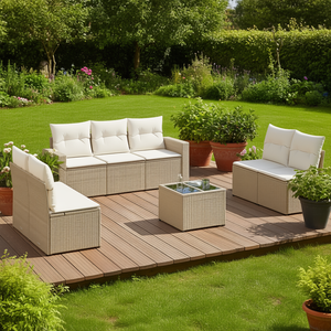 Ensemble de canapés de jardin en rotin beige 6 places, mobilier d'extérieur avec structure en acier et verre trempé, design contemporain - Product Image 2