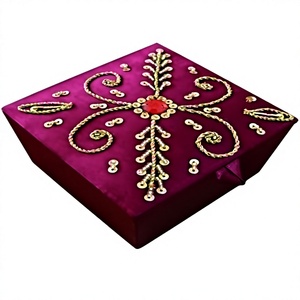 Designer Handmade Rectangular Polyester Purse Gold Embroidery <b>Pink</b> <b>Sequin</b> Flower Design Home Decoration Wooden Jewelry Gift Box - Product Image 1