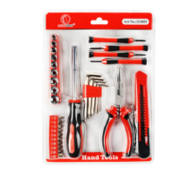 Ensemble d'outils ménagers personnalisé : tournevis, pinces, mètre ruban, embouts de tournevis, couteau utilitaire, embouts hexagonaux, ensemble double blister