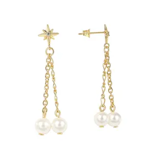 Light Luxury Exquisite Temperament Fashion Jewelry Tassel Earring 6 Pointed Stars Drop Earrings Gold Brass Filled Pearl Trendy