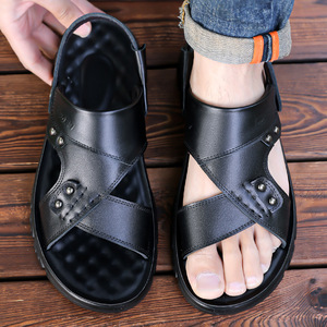 Cross-Strap Genuine Leather Sandals Men Open Toe Rubber Outsole Anti-Slip Casual <b>Beach</b> <b>Shoes</b> Solid Pattern Engraved Logo - Product Image 4