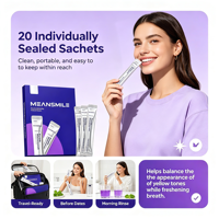 Solution buccale violette à emporter, sachet individuel, sans alcool, menthe fraîche, blanchissant, rinçage buccal, vente en gros OEM, personnalisable avec logo