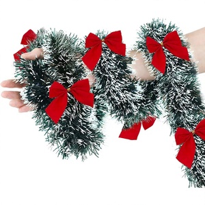 Pohon Natal Buatan, Garland Tinsel Hijau Pinus, Bahan PET, Pita Metalik, Hijau Tua, Pinggiran Putih, Ornamen Pesta Perayaan - Product Image 1