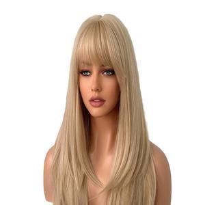 Vente en gros 23 pouces Qi Liu Hai cheveux raides perruque superposée blonde haute chaleur cheveux synthétiques dentelle avant perruques pour les femmes - Product Image 4