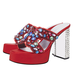 Sandales à talons épais pour femmes, à bout ouvert, avec plateforme, ornées de strass argentés et de diamants colorés, style mules de bureau - Product Image 5