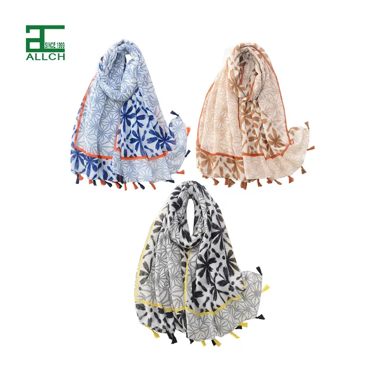 ALLCH RTS Fashion Geometric Printing Ethnic Scarves With Tassel Hijab Scarf Travel Accessories Liene Cotton Scarf For Women