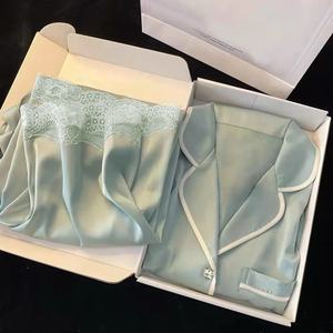 Pigiama di raso a maniche corte da <span class=keywords><strong>donna</strong></span> Cardigan con risvolto in pizzo Sexy elastico in vita popolare abito <span class=keywords><strong>Online</strong></span> per vestiti da casa - Product Image 5