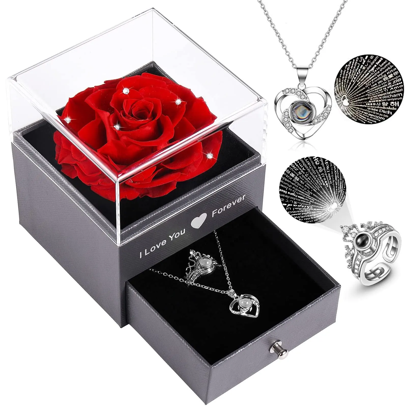 Konservierte echte Rose Schublade mit Herz Halskette Ich liebe dich in Sprachen Schmucke tui Geschenk handgemacht verzaubert für Valentinstag