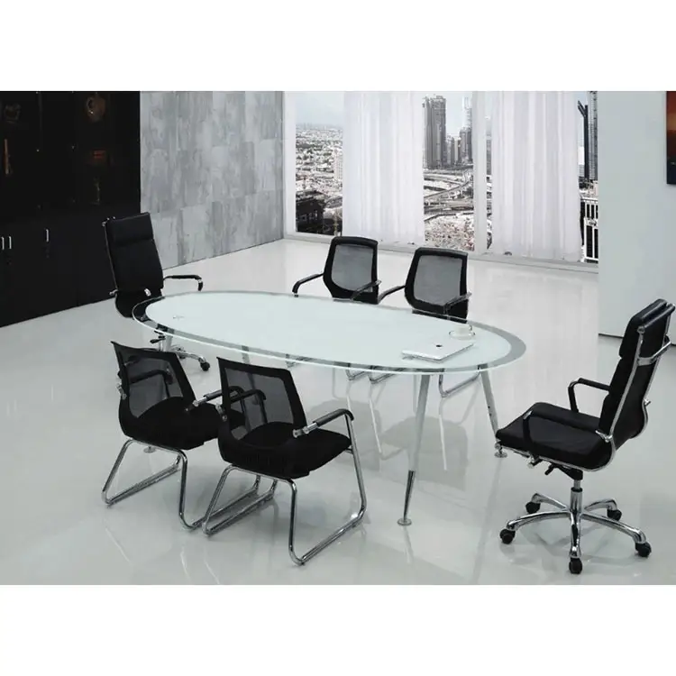 Mesa de conferencia redonda de vidrio templado, sala de reuniones pequeña, moderna, blanca, 2022