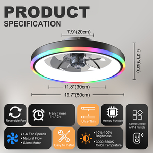 19.7" Modern <b>RGB</b> Ceiling Fan with Lights, Flush Mount Low Profile Fan with Remote & APPDimmable 3000-6500K LED for Bedroom Black - Product Image 2